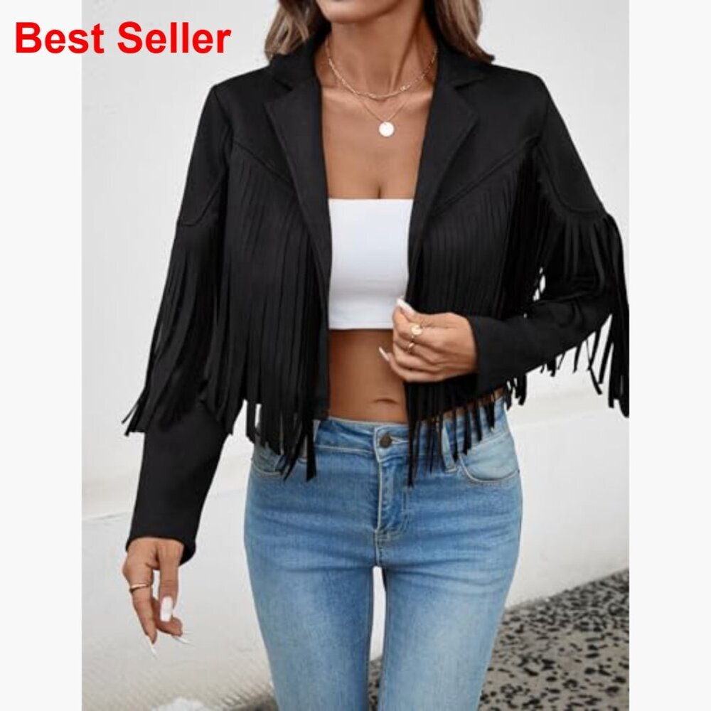 Faux Suede Leather Cropped Jacket with Fringe Tassel Sleeves and Lining - Picture 3 of 7